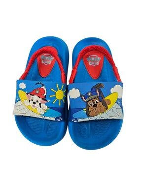 Paw Patrol Blue Slide Sandals with Red Accents and Character Graphics